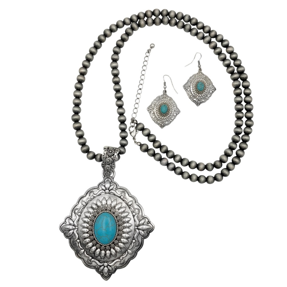 Long Chunky Turquoise Concho Necklace Earrings Set